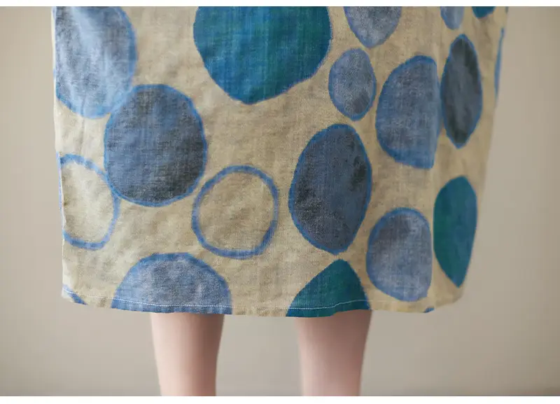2022 Summer Over-the-Knee Cotton Linen Dress Blue Orange Circle Print — feature 24