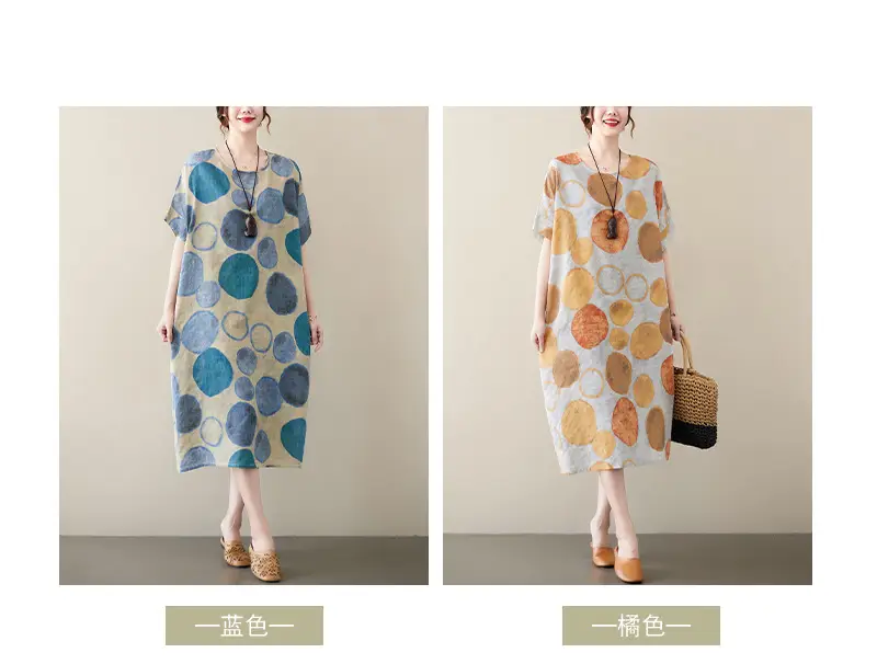 2022 Summer Over-the-Knee Cotton Linen Dress Blue Orange Circle Print — feature 3