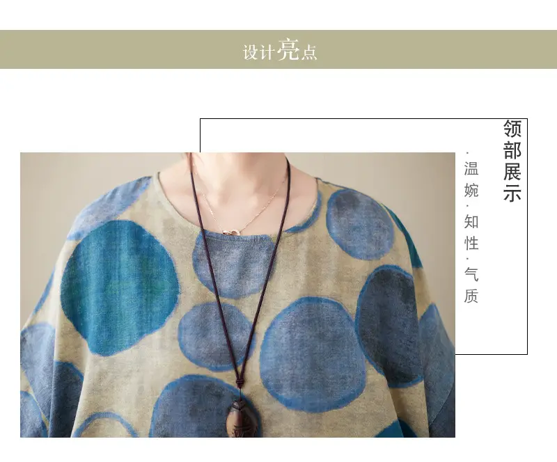 2022 Summer Over-the-Knee Cotton Linen Dress Blue Orange Circle Print — feature 6