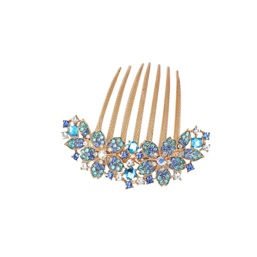 Gold Plated Seven-Tooth Hair Comb with Double Flower Design