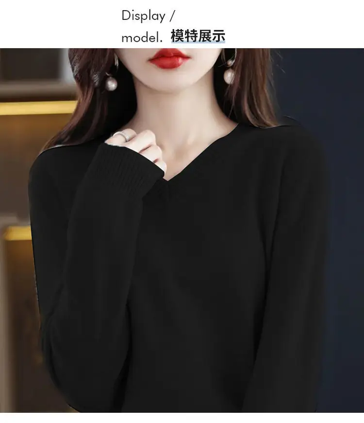 Black V Neck Wool Pullover for Women Large — feature 6