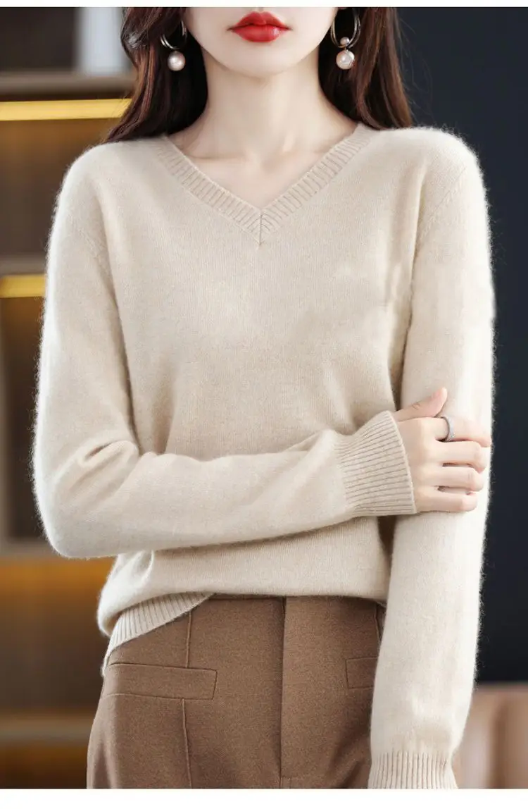 Black V Neck Wool Pullover for Women Large — feature 7