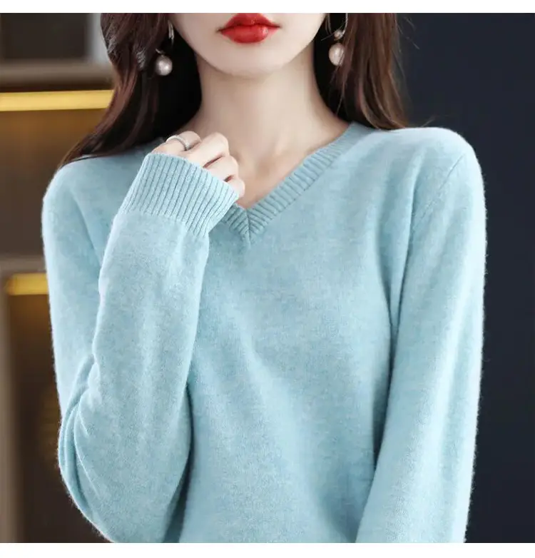 Black V Neck Wool Pullover for Women Large — feature 8