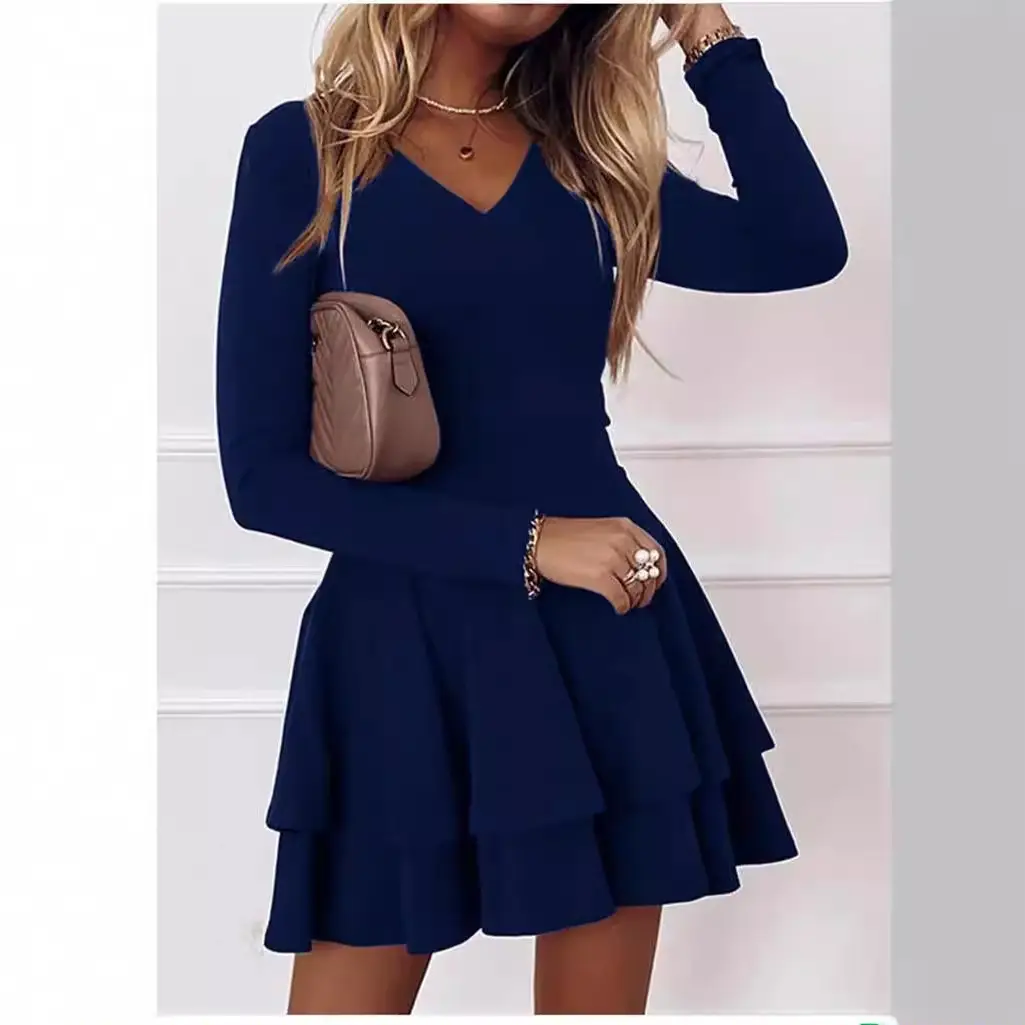 2025 Women's Layered V-Neck Dress Navy Blue - Image 6