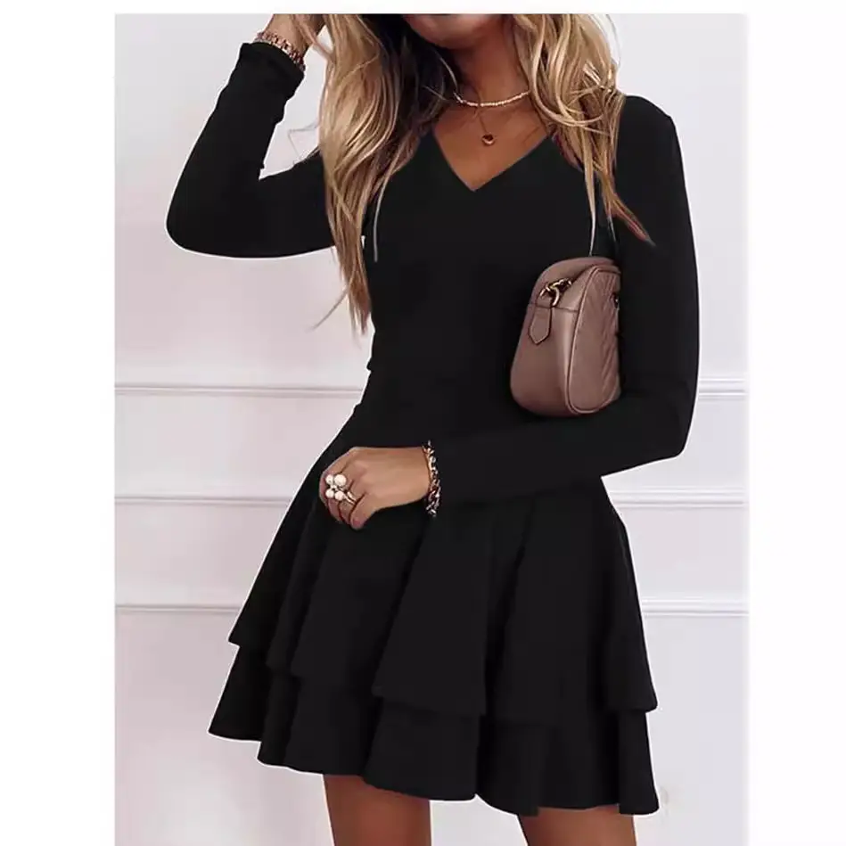 2025 Women's Layered V-Neck Dress Navy Blue - Image 7