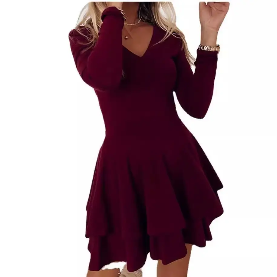 2025 Women's Layered V-Neck Dress Navy Blue - Image 8