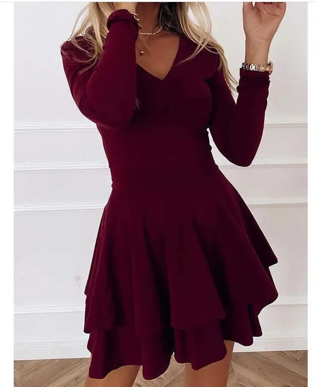 2025 Women's Layered V-Neck Dress Navy Blue - Image 3