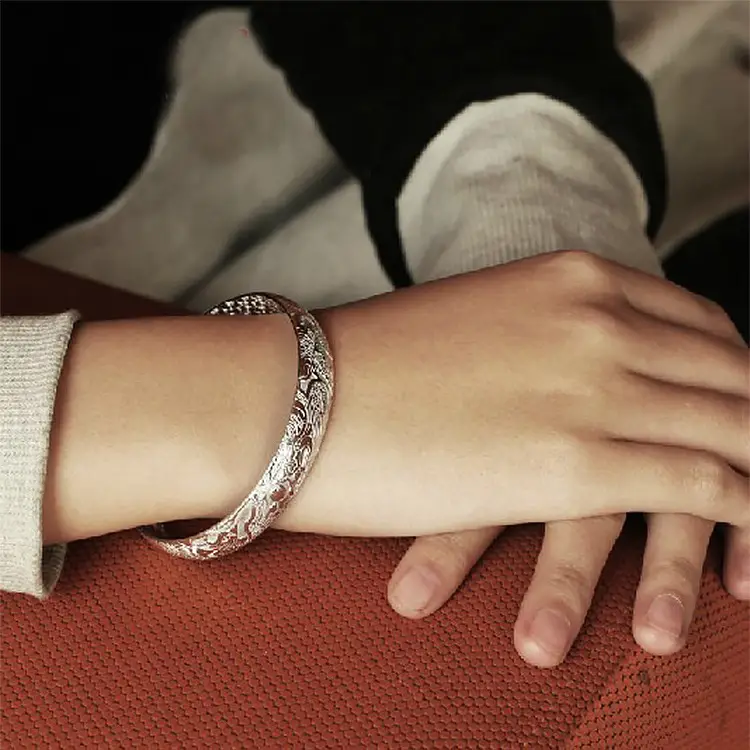 Silver Dragon & Phoenix Carved Bracelet for Women