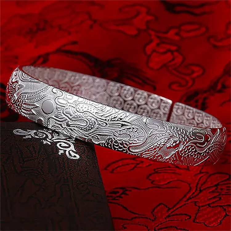 Silver Dragon & Phoenix Carved Bracelet for Women