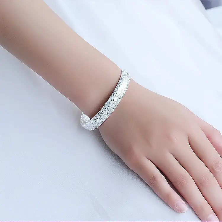 Silver Dragon & Phoenix Carved Bracelet for Women
