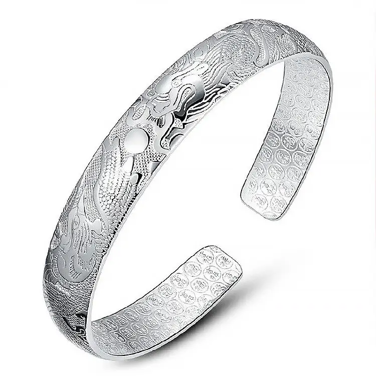Silver Dragon & Phoenix Carved Bracelet for Women