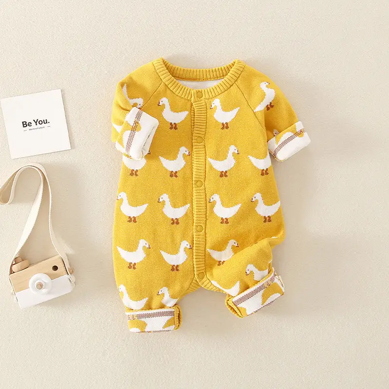 Newborn Baby Jumpsuit Yellow Duck Print Double Layer - Image 3