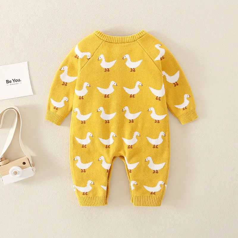 Newborn Baby Jumpsuit Yellow Duck Print Double Layer - Image 4