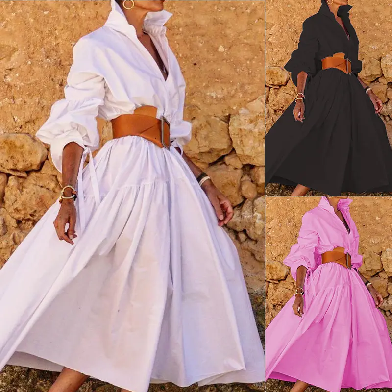 Women's Pink Lapel Long Sleeve Dress with Belt - Image 7