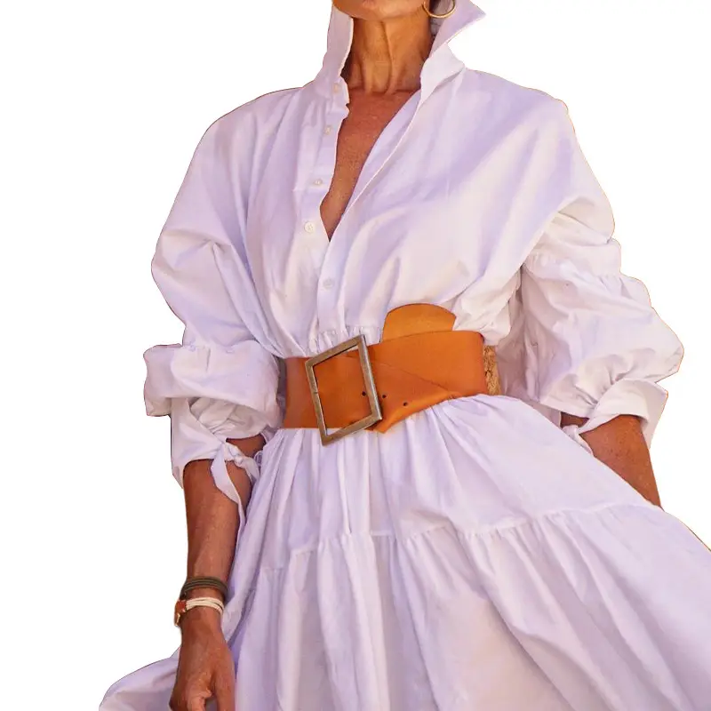 Women's Pink Lapel Long Sleeve Dress with Belt - Image 11