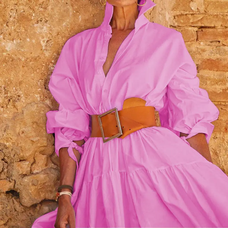 Women's Pink Lapel Long Sleeve Dress with Belt - Image 4