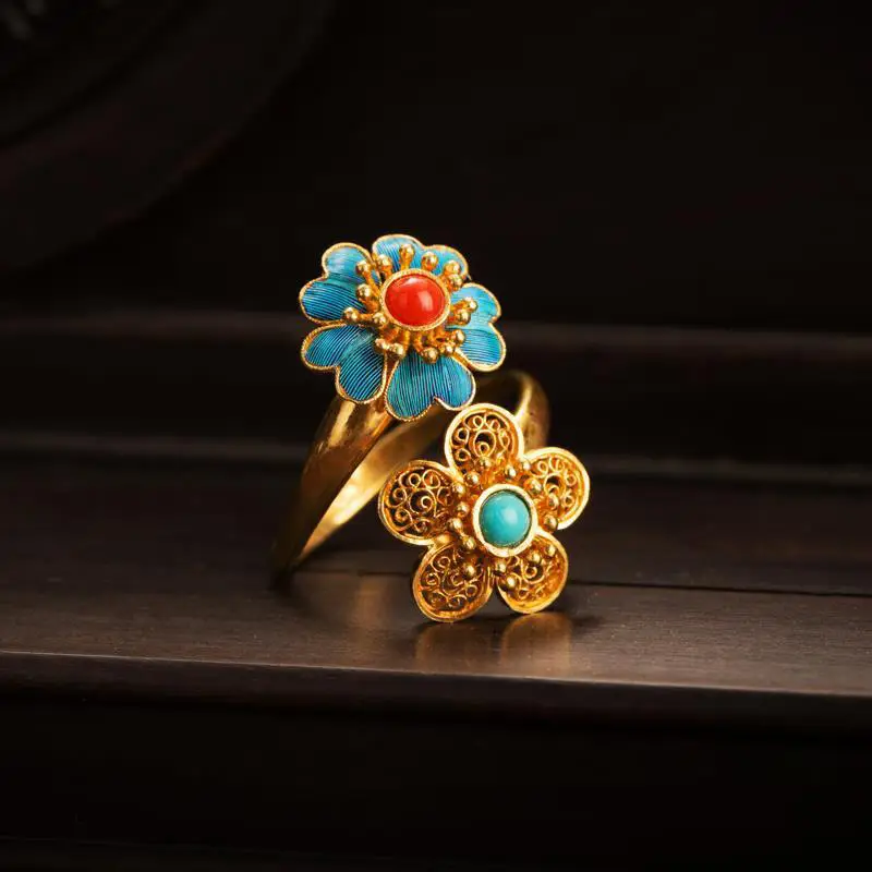 925 Plated Silver Silk Retro Golden Double Flower Ring for Women - Image 2