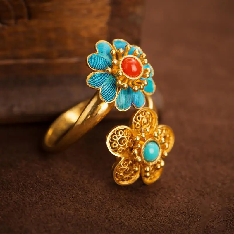 925 Plated Silver Silk Retro Golden Double Flower Ring for Women - Image 3