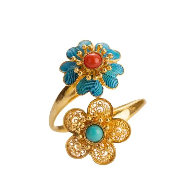 925 Plated Silver Silk Retro Golden Double Flower Ring for Women - Image 6
