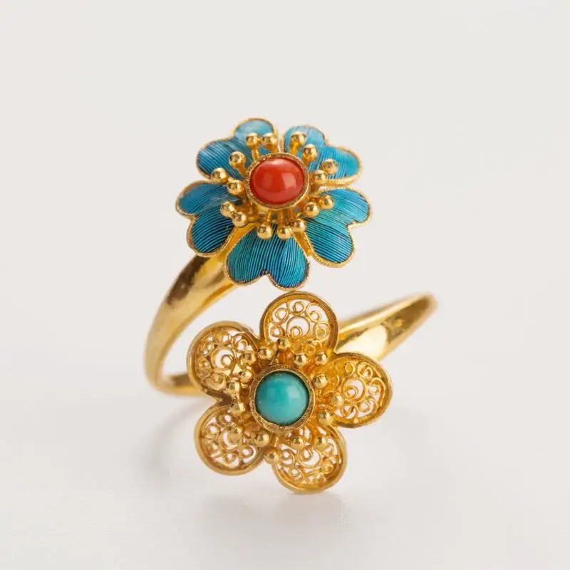 925 Plated Silver Silk Retro Golden Double Flower Ring for Women — feature 7