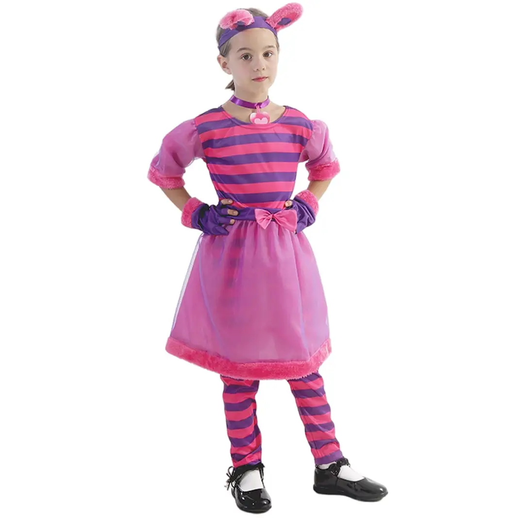 Halloween Kids Alice in Wonderland Costume Pink Striped Dress - Image 5