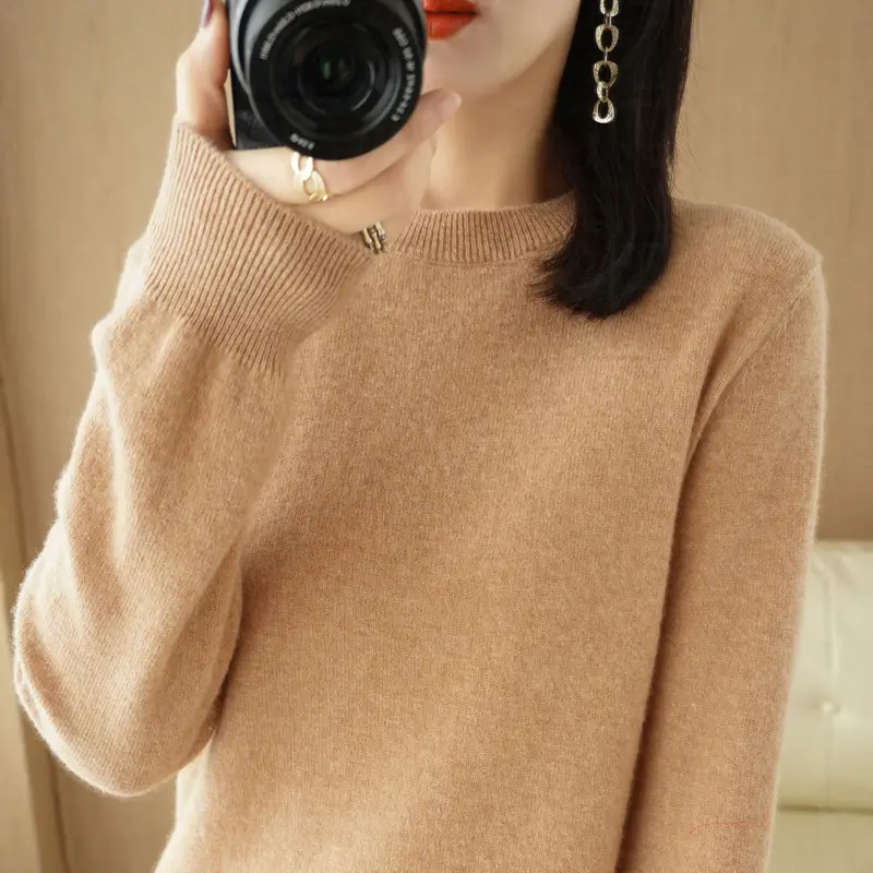 Women Orange Knit Round Neck Pullover Sweater - Image 36