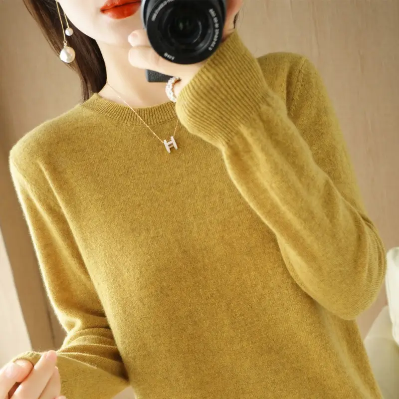 Women Orange Knit Round Neck Pullover Sweater - Image 37