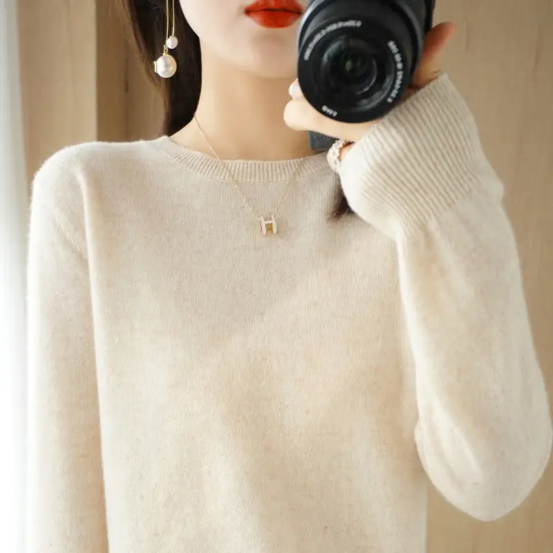 Women Orange Knit Round Neck Pullover Sweater - Image 16