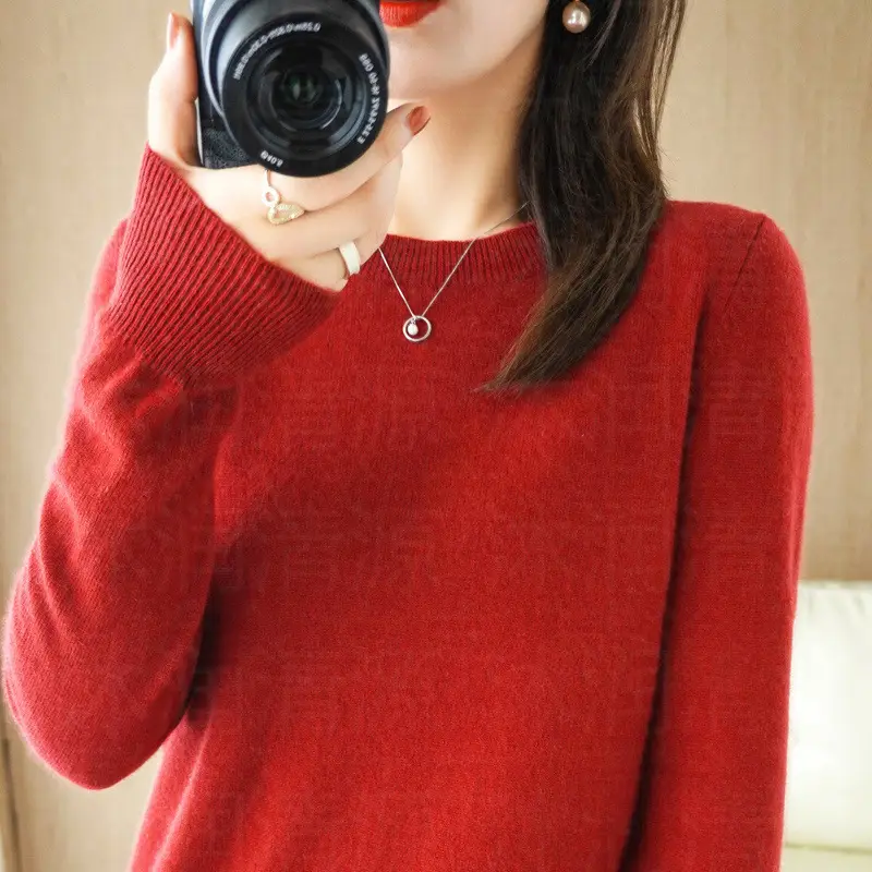 Women Orange Knit Round Neck Pullover Sweater - Image 21