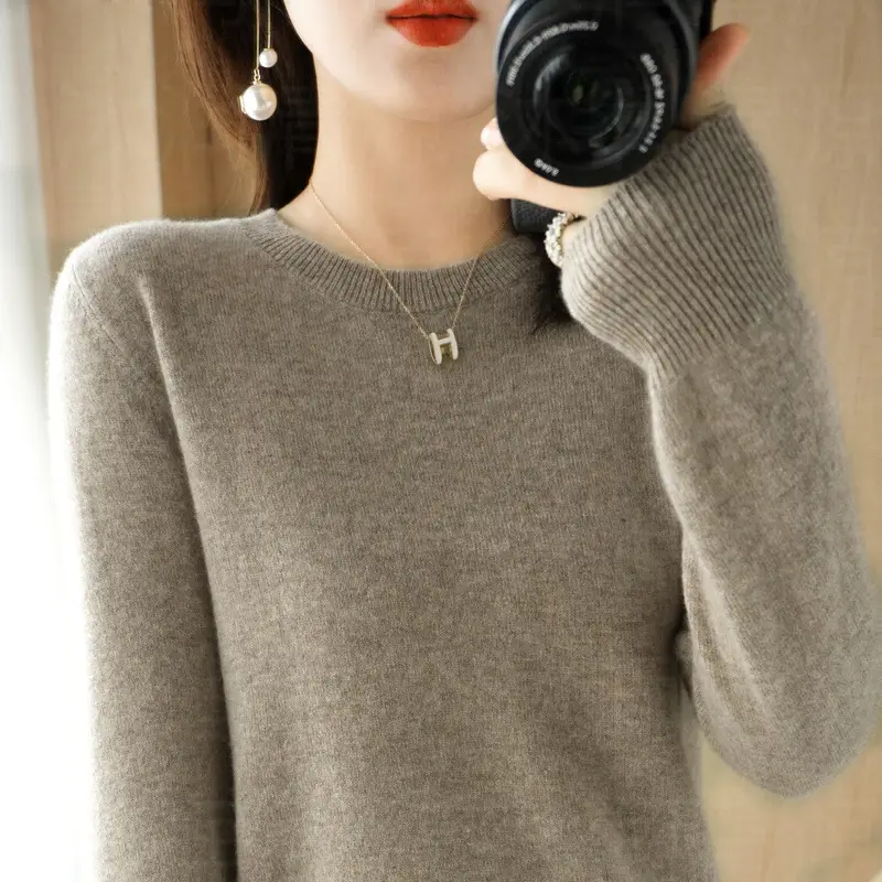 Women Orange Knit Round Neck Pullover Sweater - Image 31