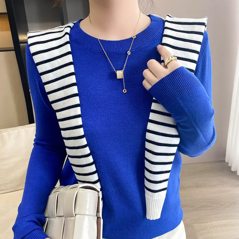Women Orange Knit Round Neck Pullover Sweater - Image 33