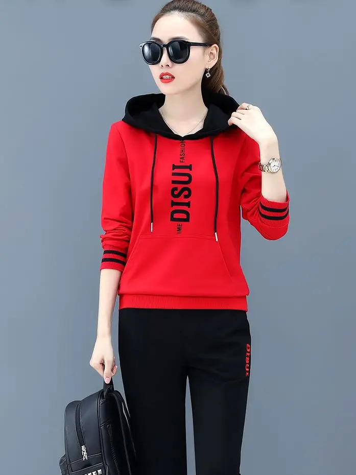 Women Hooded Sweatshirt Set Black Red Loose Fit Large - Image 5