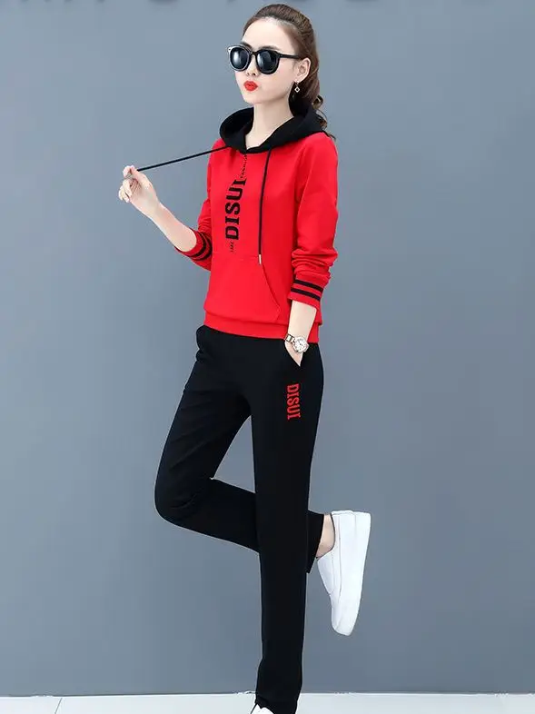 Women Hooded Sweatshirt Set Black Red Loose Fit Large - Image 8