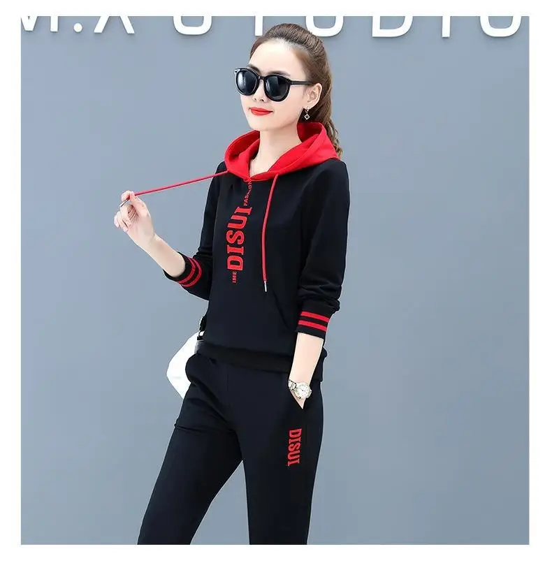 Women Hooded Sweatshirt Set Black Red Loose Fit Large — feature 28