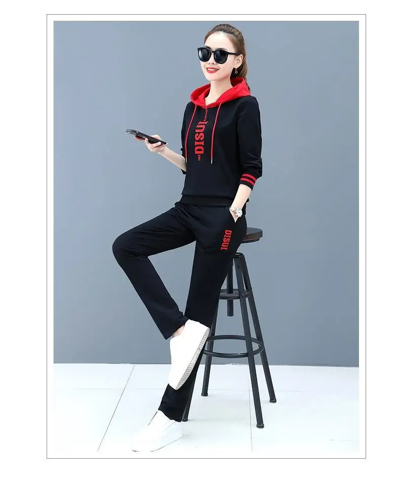 Women Hooded Sweatshirt Set Black Red Loose Fit Large — feature 30