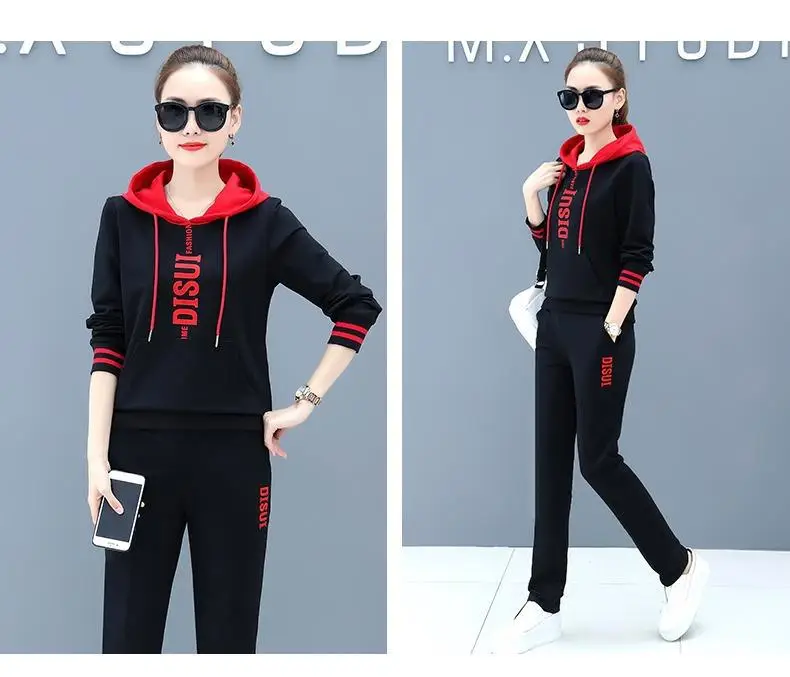 Women Hooded Sweatshirt Set Black Red Loose Fit Large — feature 4