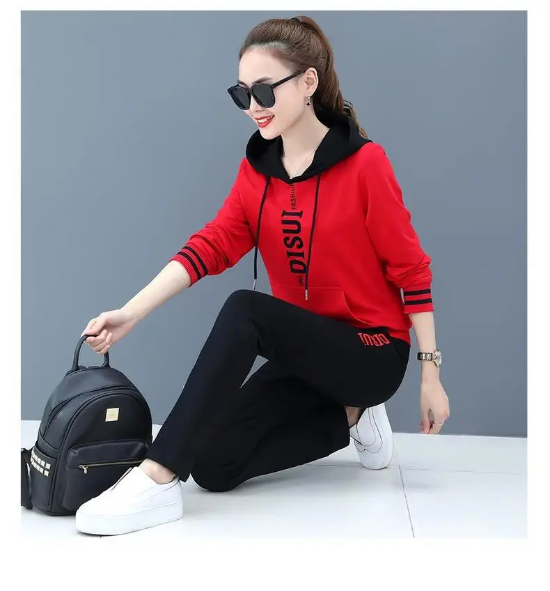 Women Hooded Sweatshirt Set Black Red Loose Fit Large — feature 6