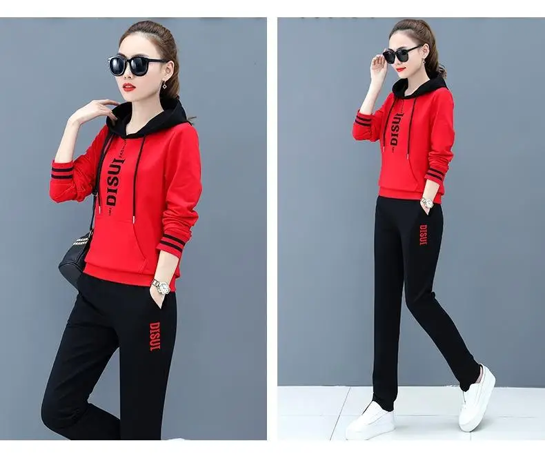Women Hooded Sweatshirt Set Black Red Loose Fit Large — feature 9