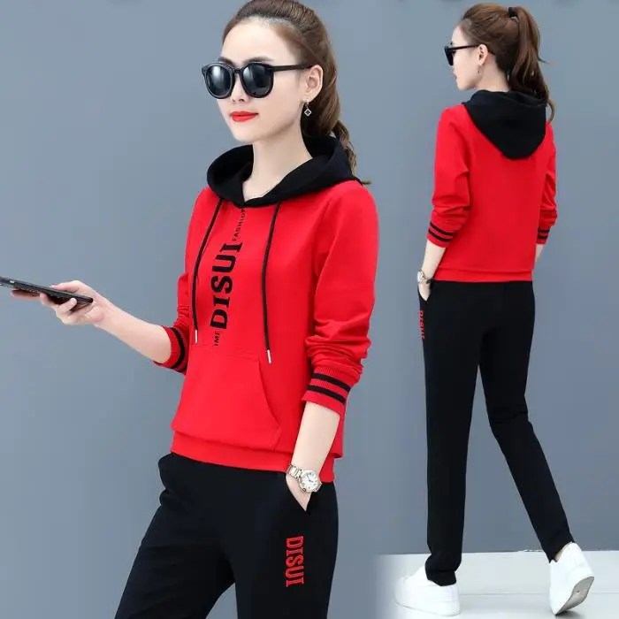 Women Hooded Sweatshirt Set Black Red Loose Fit Large - Image 2