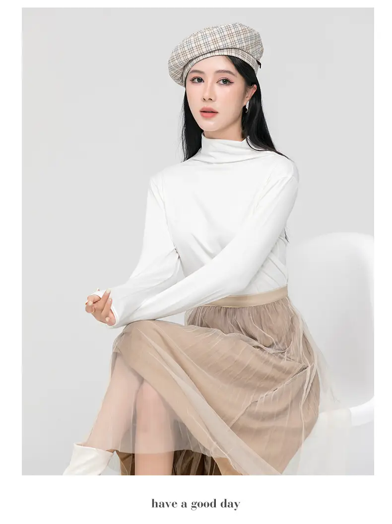 Long Sleeve Women's White Protein Beauty Top with Half Turtleneck — feature 21