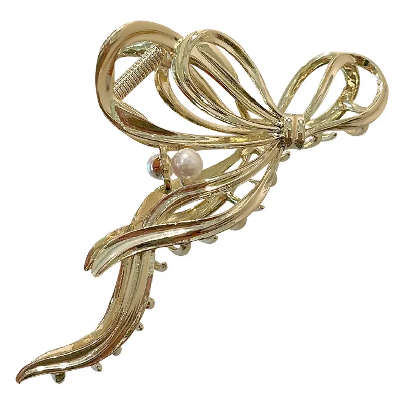Bow Metal Hair Clip with Pearl & Gold Finish - Image 5