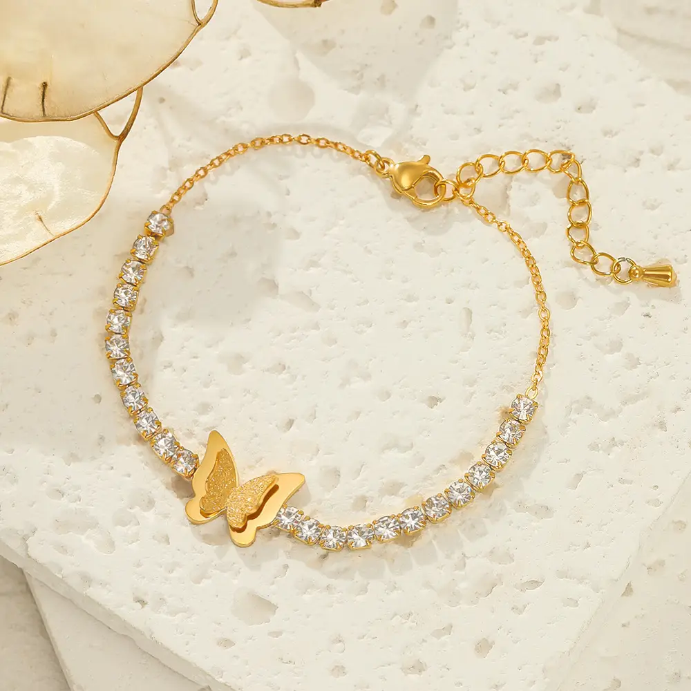18K Gold Diamond Butterfly Clover Bracelet 150mm - Image 6