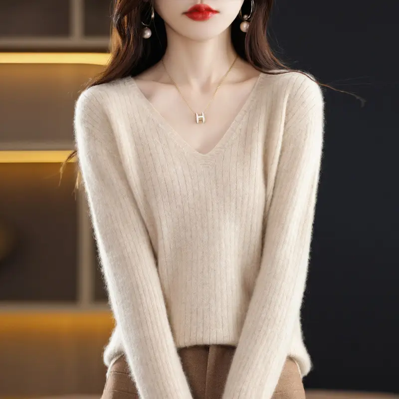 Women's Black Knitted V Neck Pullover Sweater Low Collar
