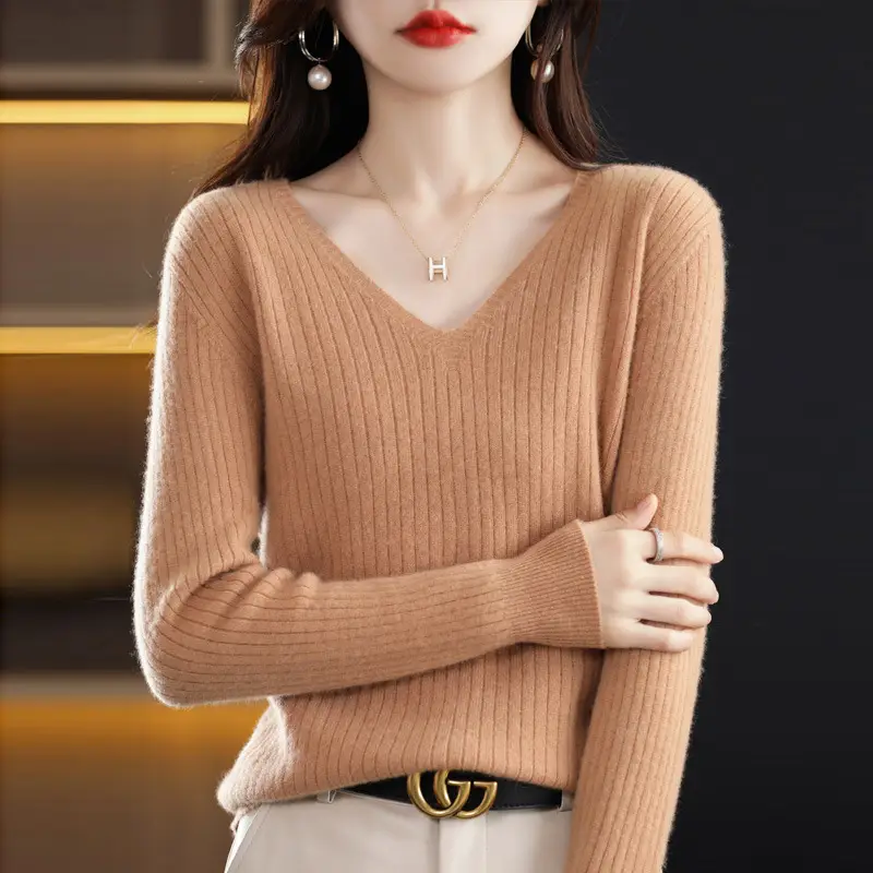 Women's Black Knitted V Neck Pullover Sweater Low Collar