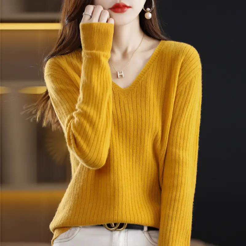 Women's Black Knitted V Neck Pullover Sweater Low Collar