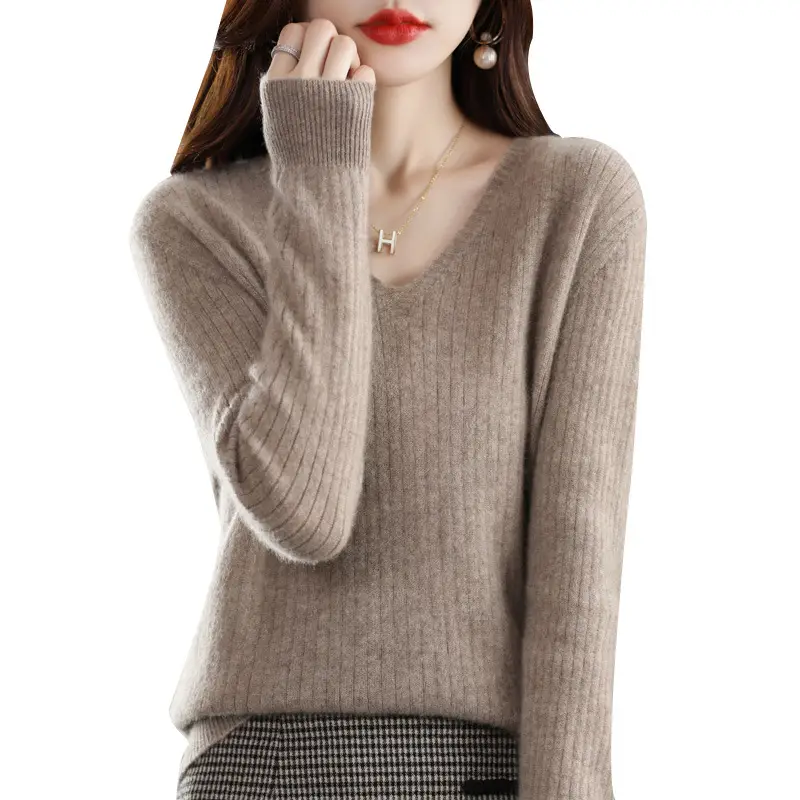 Women's Black Knitted V Neck Pullover Sweater Low Collar