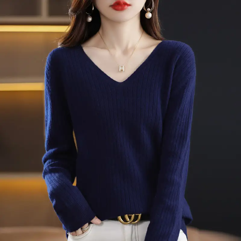 Women's Black Knitted V Neck Pullover Sweater Low Collar