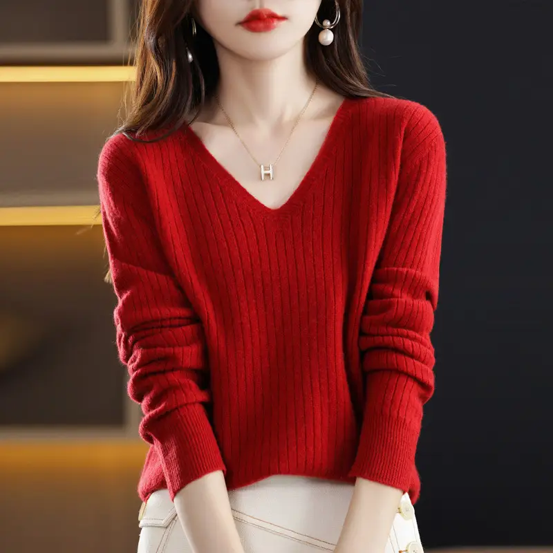 Women's Black Knitted V Neck Pullover Sweater Low Collar
