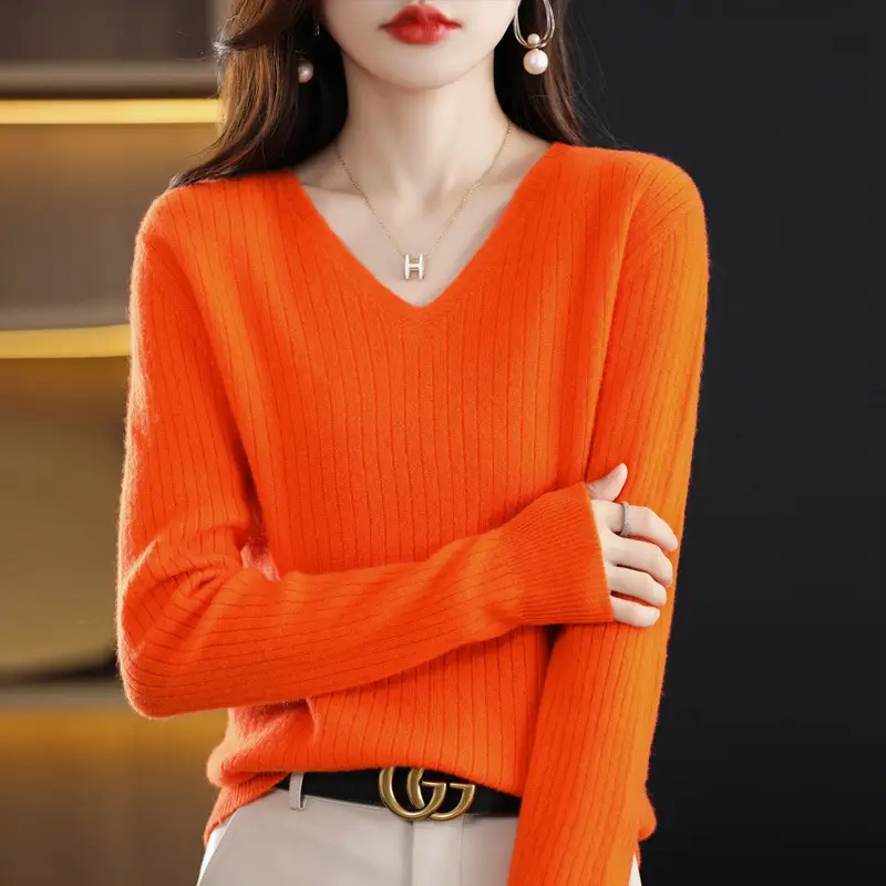 Women's Black Knitted V Neck Pullover Sweater Low Collar