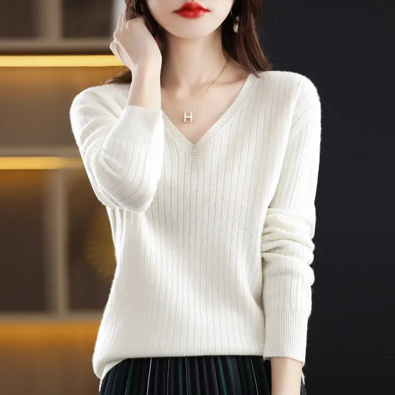 Women's Black Knitted V Neck Pullover Sweater Low Collar